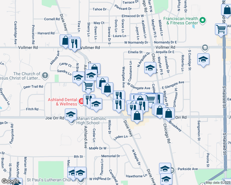 map of restaurants, bars, coffee shops, grocery stores, and more near 421 Dixie Highway in Chicago Heights