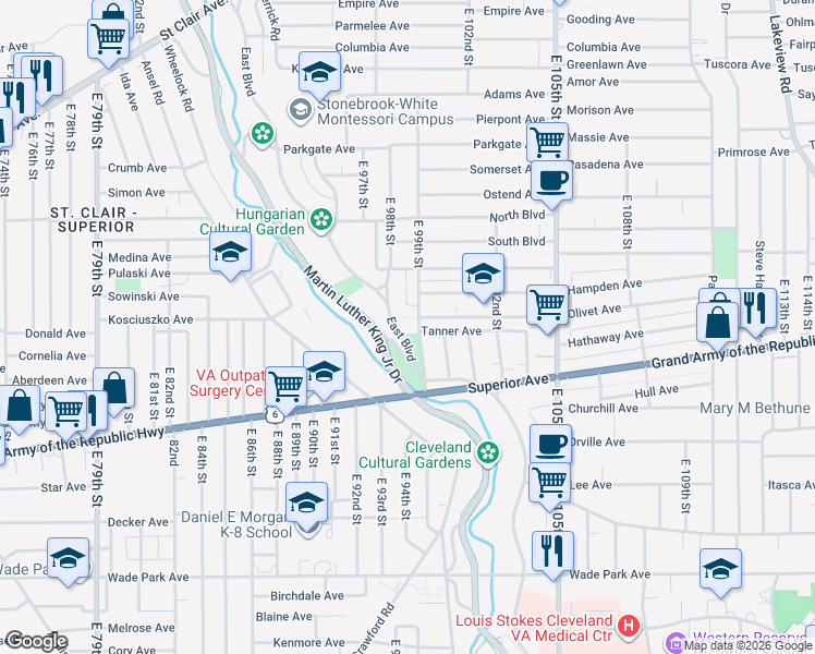 map of restaurants, bars, coffee shops, grocery stores, and more near 1229 East Boulevard in Cleveland