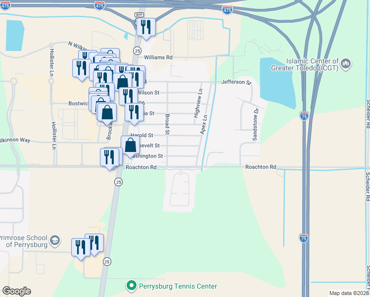 map of restaurants, bars, coffee shops, grocery stores, and more near 12326 Washington St in Perrysburg