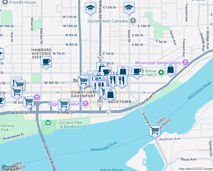 map of restaurants, bars, coffee shops, grocery stores, and more near 131 East 4th Street in Davenport