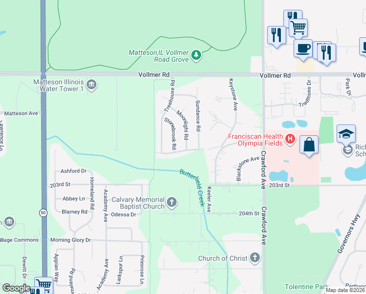 map of restaurants, bars, coffee shops, grocery stores, and more near 160 Moonlight Road in Matteson