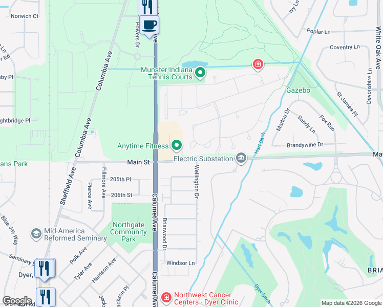 map of restaurants, bars, coffee shops, grocery stores, and more near 924 Cornwallis Lane in Munster