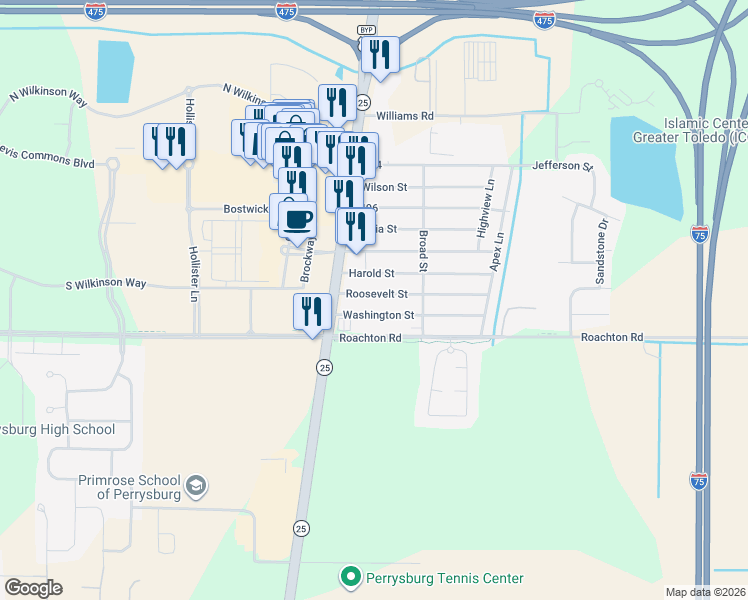 map of restaurants, bars, coffee shops, grocery stores, and more near 12472 Washington Street in Perrysburg