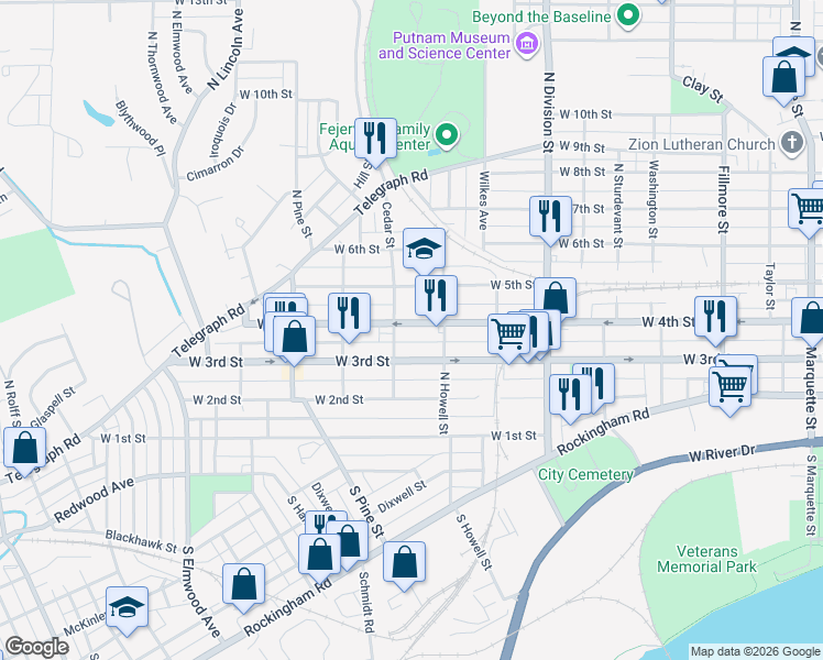 map of restaurants, bars, coffee shops, grocery stores, and more near 1931 West 4th Street in Davenport