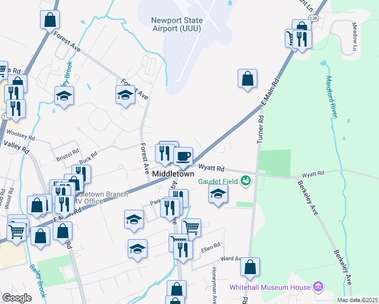 map of restaurants, bars, coffee shops, grocery stores, and more near 576 East Main Road in Middletown