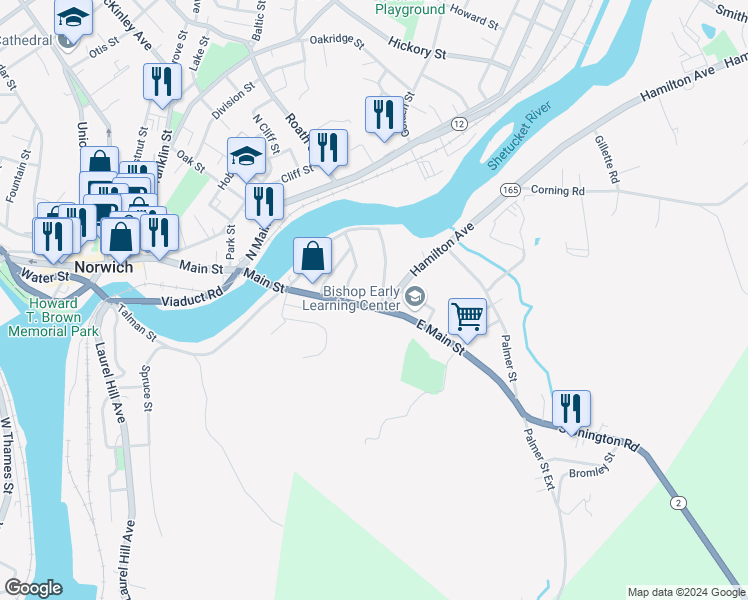 map of restaurants, bars, coffee shops, grocery stores, and more near 494 East Main Street in Norwich