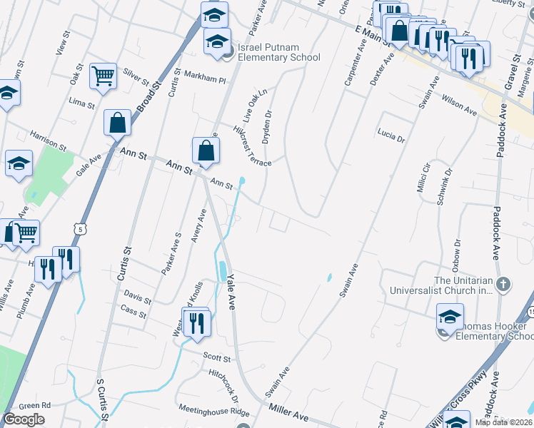 map of restaurants, bars, coffee shops, grocery stores, and more near 19 Ann View Terrace in Meriden