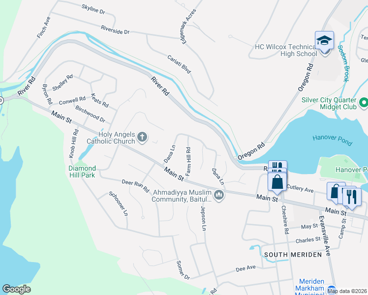 map of restaurants, bars, coffee shops, grocery stores, and more near 70 Farm Hill Road in Meriden