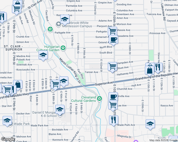 map of restaurants, bars, coffee shops, grocery stores, and more near 100 East Boulevard in Cleveland