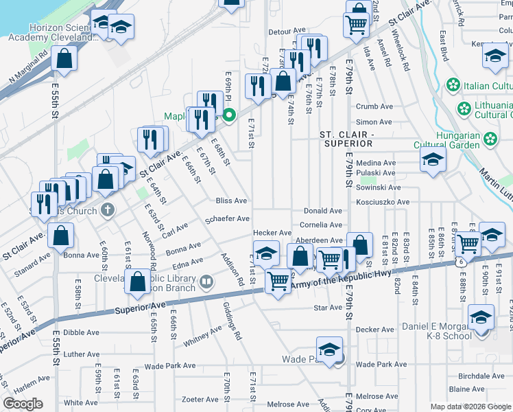 map of restaurants, bars, coffee shops, grocery stores, and more near 7116 Donald Avenue in Cleveland