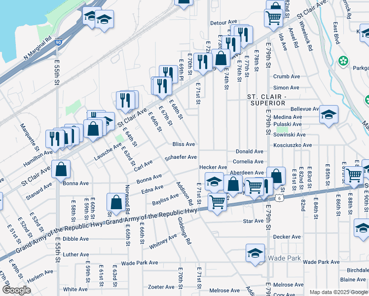 map of restaurants, bars, coffee shops, grocery stores, and more near 6707 Schaefer Avenue in Cleveland