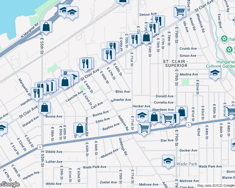 map of restaurants, bars, coffee shops, grocery stores, and more near 6523 Schaefer Avenue in Cleveland