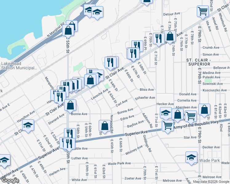 map of restaurants, bars, coffee shops, grocery stores, and more near 6321 Orton Court in Cleveland