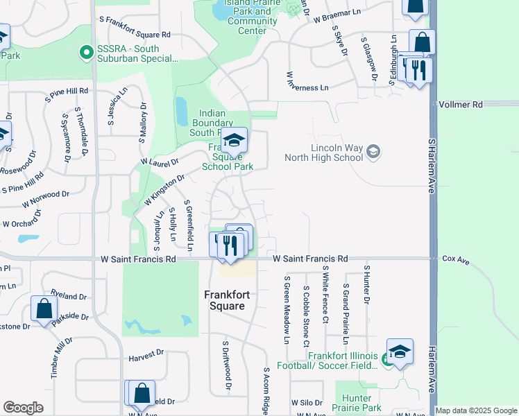 map of restaurants, bars, coffee shops, grocery stores, and more near 20164 South Frankfort Square Road in Frankfort