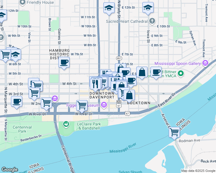 map of restaurants, bars, coffee shops, grocery stores, and more near in Davenport