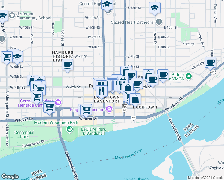 map of restaurants, bars, coffee shops, grocery stores, and more near in Davenport