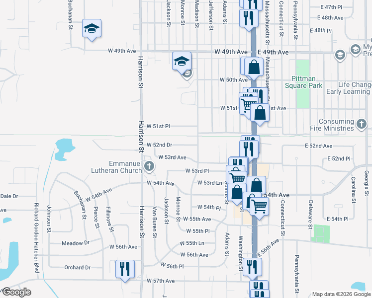 map of restaurants, bars, coffee shops, grocery stores, and more near 431 W 52nd Pl in Merrillville