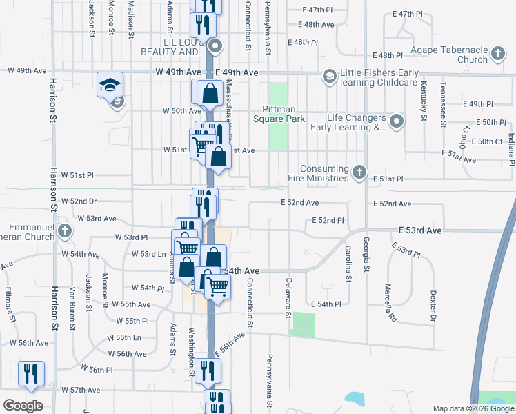 map of restaurants, bars, coffee shops, grocery stores, and more near 217 East 52nd Avenue in Merrillville