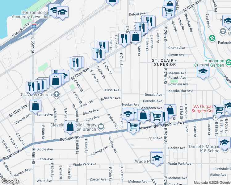 map of restaurants, bars, coffee shops, grocery stores, and more near 6707 Schaefer Avenue in Cleveland