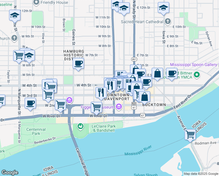 map of restaurants, bars, coffee shops, grocery stores, and more near in Davenport
