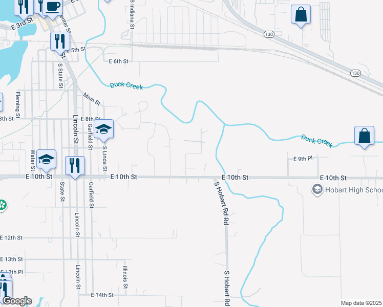 map of restaurants, bars, coffee shops, grocery stores, and more near Deer Cross Trail in Hobart