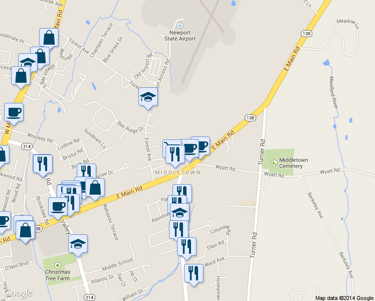 map of restaurants, bars, coffee shops, grocery stores, and more near 550 East Main Road in Middletown