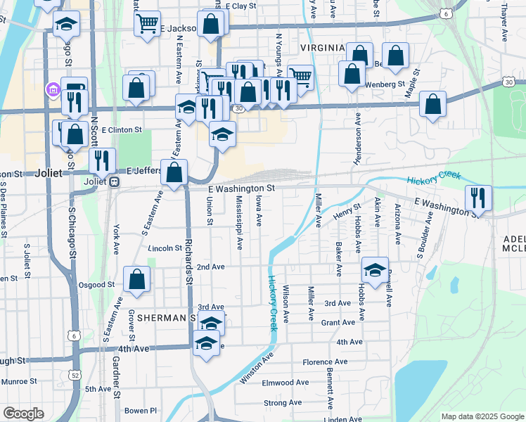 map of restaurants, bars, coffee shops, grocery stores, and more near 20 Iowa Avenue in Joliet