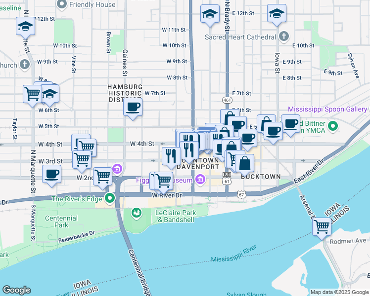 map of restaurants, bars, coffee shops, grocery stores, and more near 317 West 4th Street in Davenport