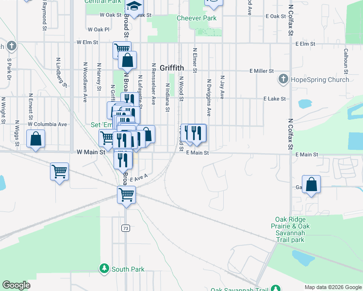 map of restaurants, bars, coffee shops, grocery stores, and more near 126 North Wood Street in Griffith