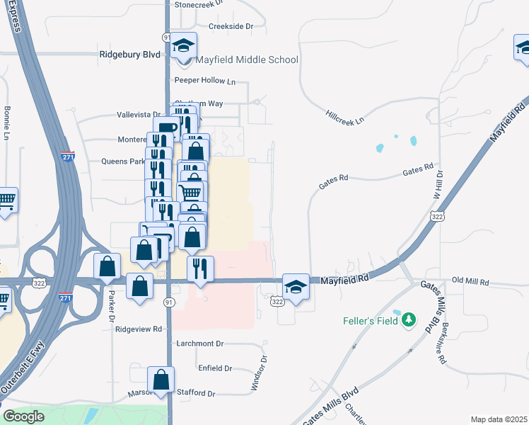 map of restaurants, bars, coffee shops, grocery stores, and more near Mayfield Road in Mayfield Heights