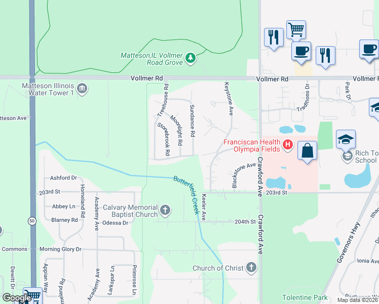 map of restaurants, bars, coffee shops, grocery stores, and more near 160 Moonlight Road in Matteson