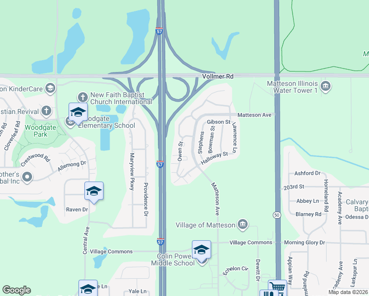 map of restaurants, bars, coffee shops, grocery stores, and more near 175 Owen Street in Matteson