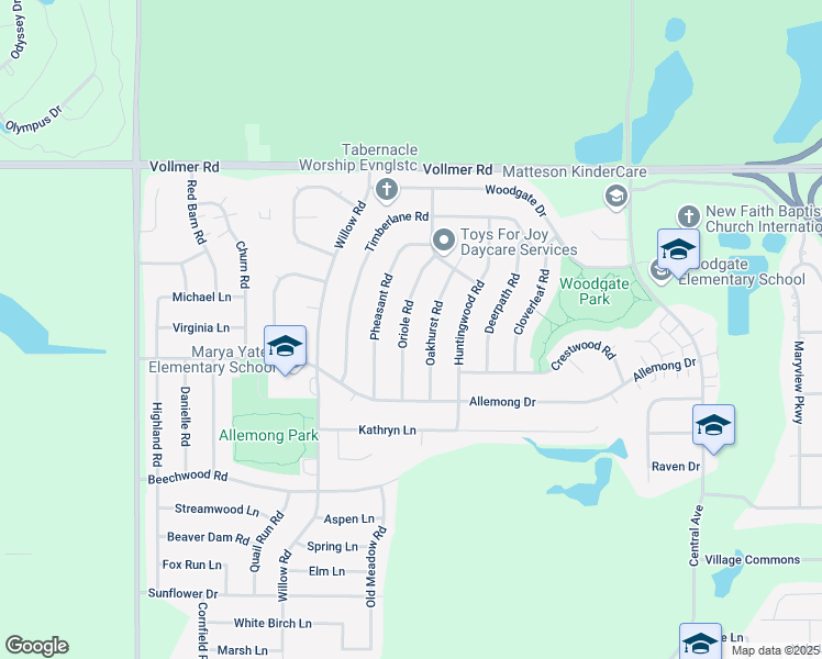 map of restaurants, bars, coffee shops, grocery stores, and more near 135 Oriole Road in Matteson