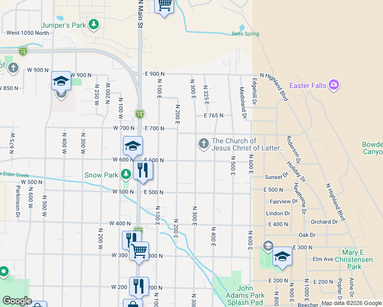 map of restaurants, bars, coffee shops, grocery stores, and more near 621 North 300 East in Brigham City