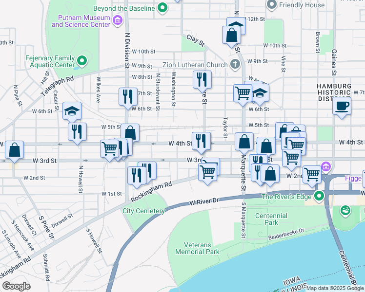 map of restaurants, bars, coffee shops, grocery stores, and more near 1451 West 4th Street in Davenport