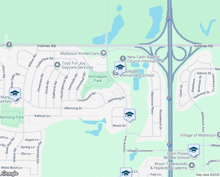 map of restaurants, bars, coffee shops, grocery stores, and more near 5521 Allemong Drive in Matteson