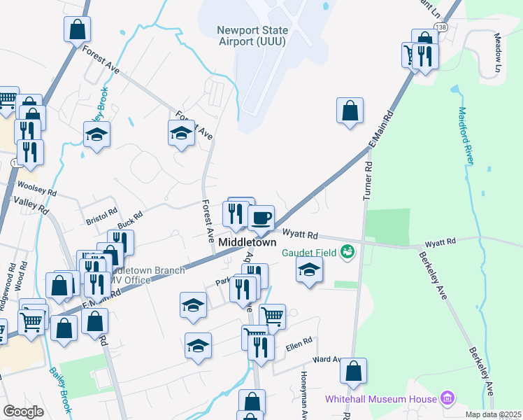 map of restaurants, bars, coffee shops, grocery stores, and more near 550 East Main Road in Middletown