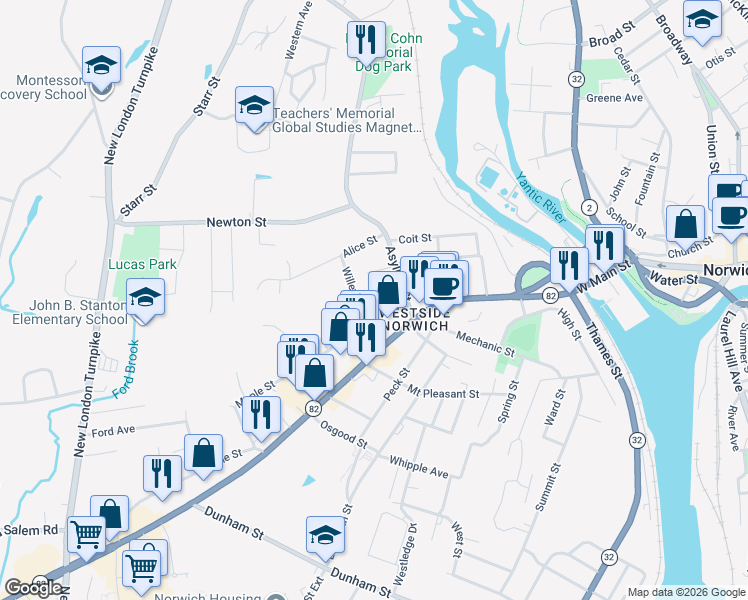map of restaurants, bars, coffee shops, grocery stores, and more near 71 Maple Street in Norwich