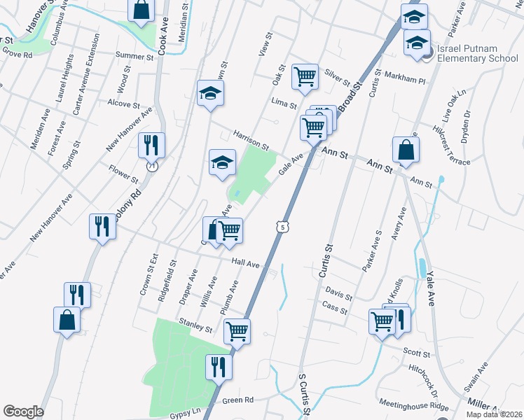 map of restaurants, bars, coffee shops, grocery stores, and more near 148 Gale Avenue in Meriden