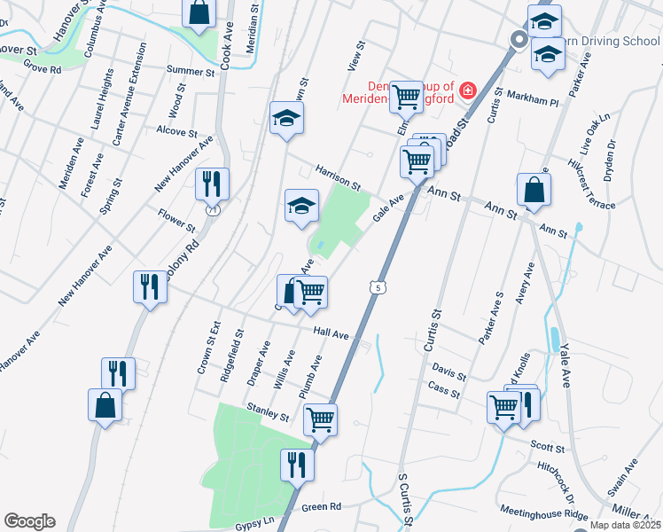 map of restaurants, bars, coffee shops, grocery stores, and more near 169 Gale Avenue in Meriden