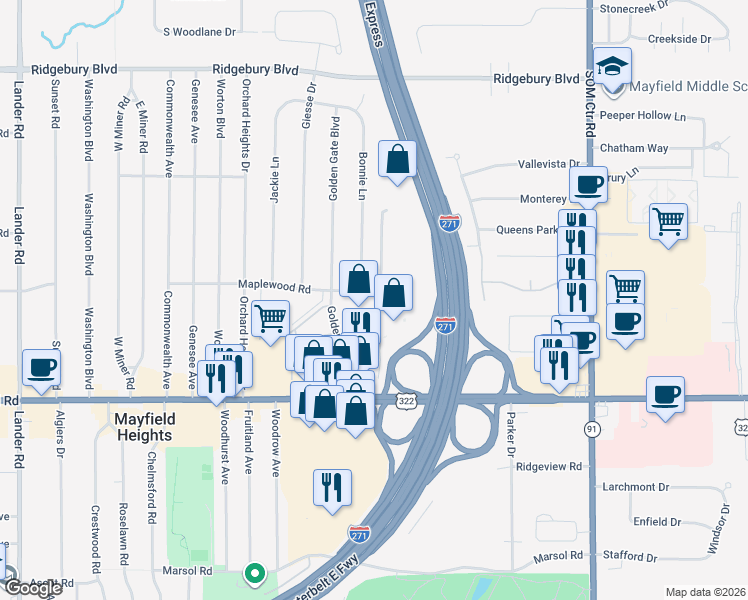 map of restaurants, bars, coffee shops, grocery stores, and more near 1413 Golden Gate Boulevard in Mayfield Heights