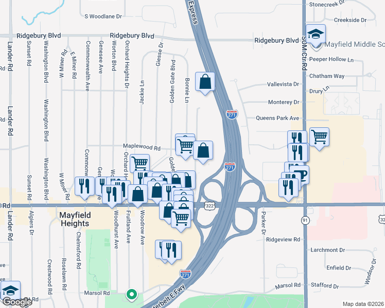 map of restaurants, bars, coffee shops, grocery stores, and more near 1413 Golden Gate Boulevard in Mayfield Heights