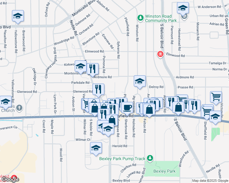map of restaurants, bars, coffee shops, grocery stores, and more near 1361 Brookline Road in South Euclid