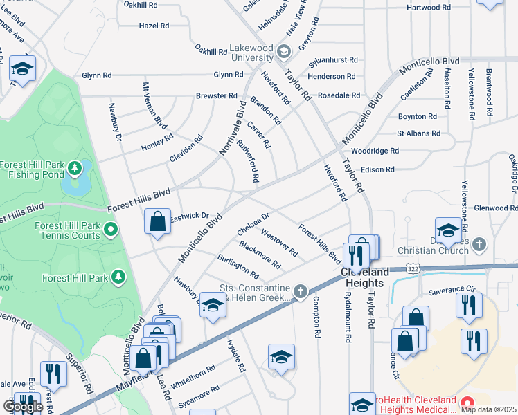 map of restaurants, bars, coffee shops, grocery stores, and more near 3181 Chelsea Drive in Cleveland Heights