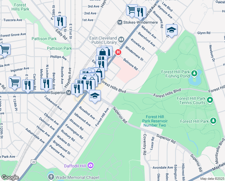 map of restaurants, bars, coffee shops, grocery stores, and more near 1848 Forest Hills Boulevard in East Cleveland