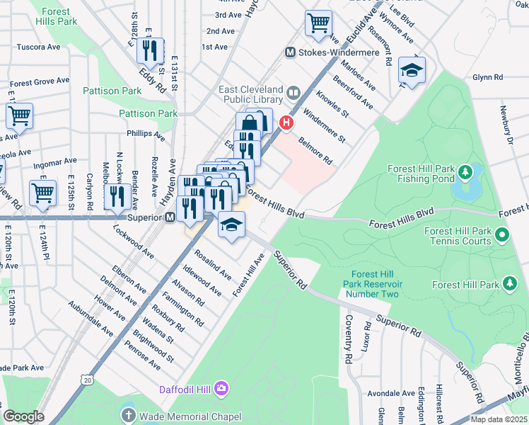 map of restaurants, bars, coffee shops, grocery stores, and more near 1848 Forest Hills Boulevard in East Cleveland