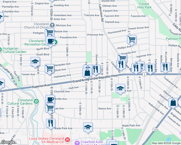 map of restaurants, bars, coffee shops, grocery stores, and more near 1269 Parkwood Drive in Cleveland