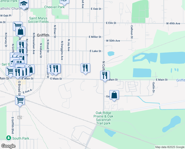 map of restaurants, bars, coffee shops, grocery stores, and more near 133 North Glenwood Street in Griffith