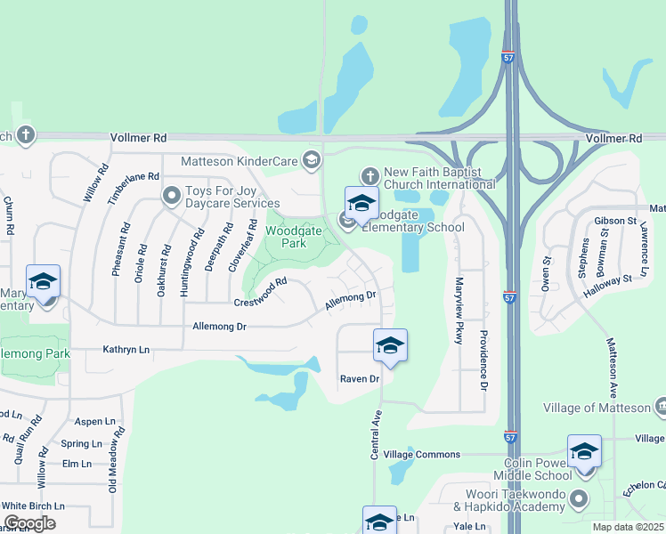 map of restaurants, bars, coffee shops, grocery stores, and more near 5527 Allemong Drive in Matteson