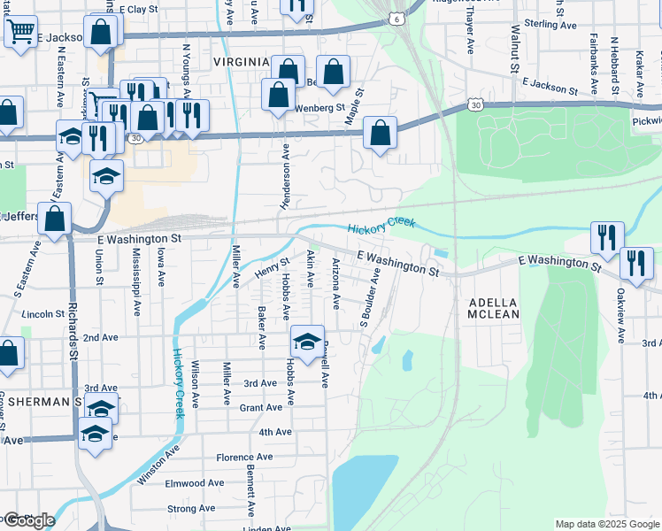 map of restaurants, bars, coffee shops, grocery stores, and more near 113 Arizona Avenue in Joliet